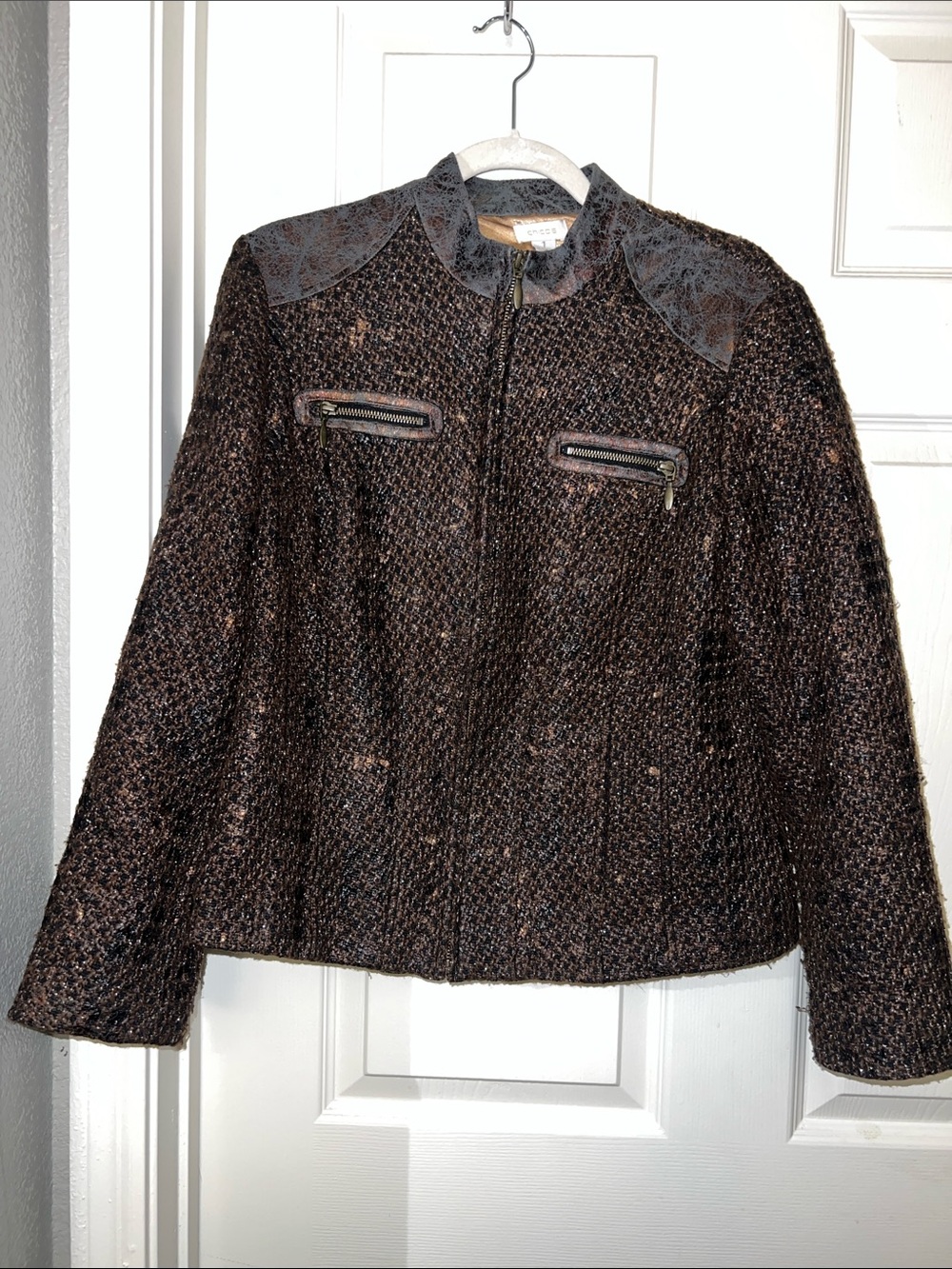 Chico’s Kellina Metallic Tweed Moto Jacket Faux Leather Brown Size 1 M